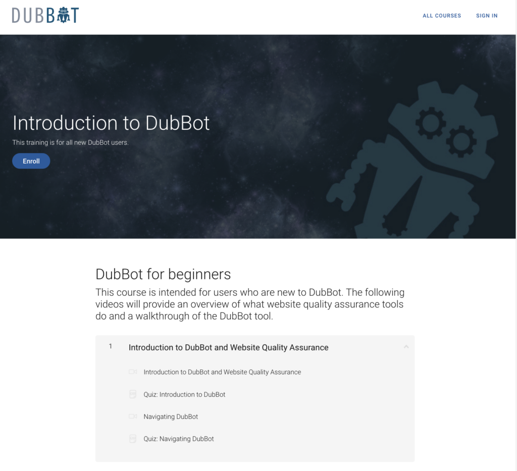 Screenshot of the Introduction to DubBot Learning Center landing page, with an "Enroll" button.